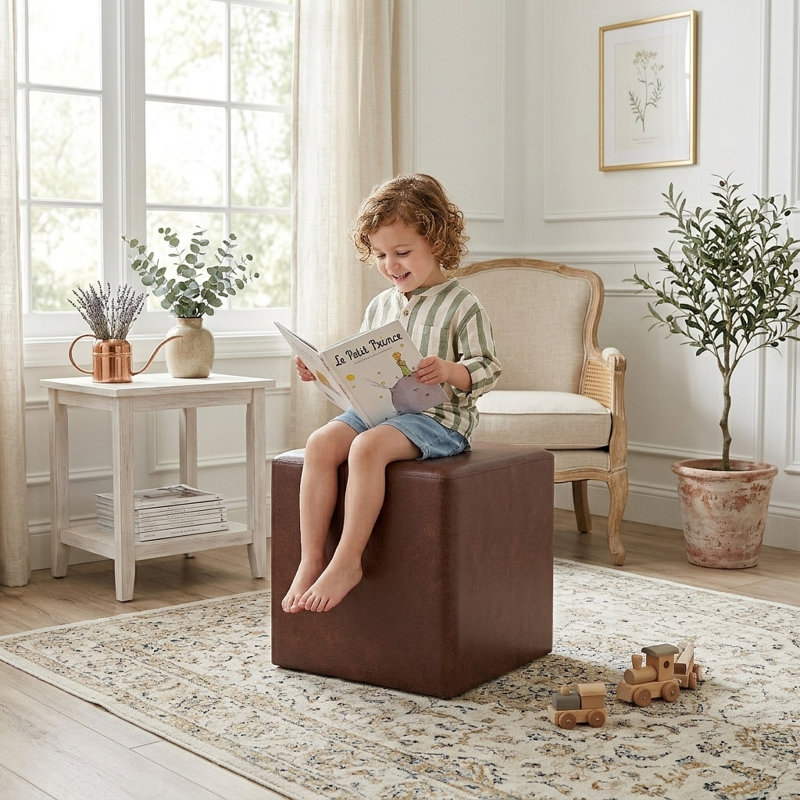 16.73" W Square Cube Ottoman, Brown Faux Leather