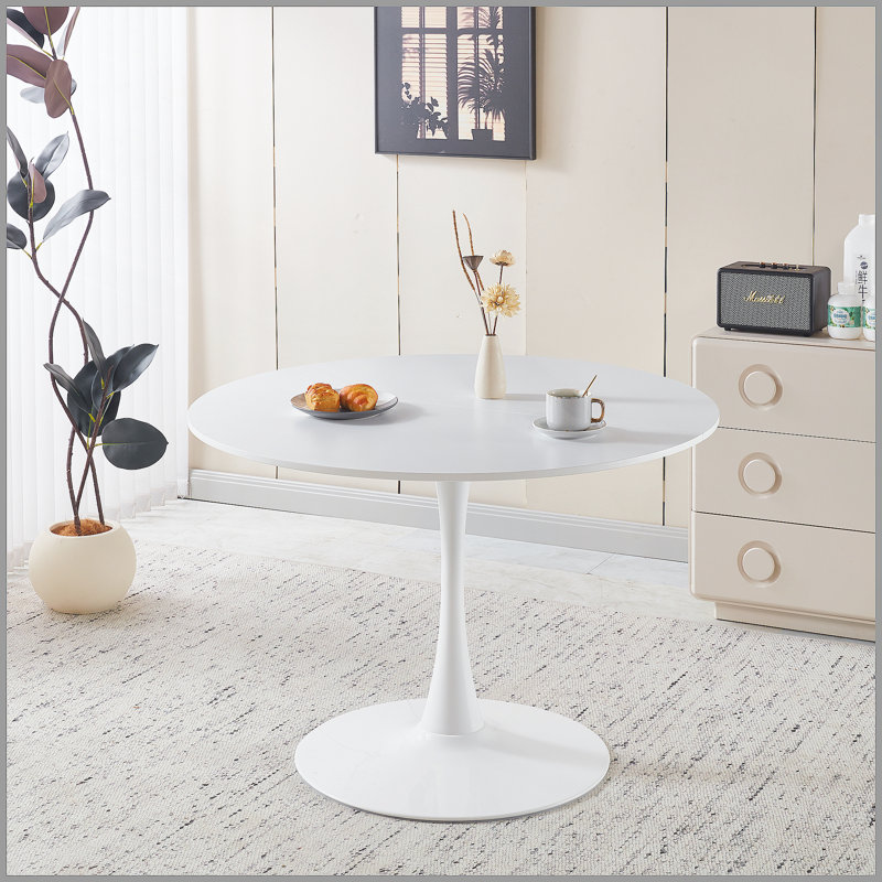 Table tulipe de 42,1 po de couleur blanche, table de salle à manger de style Mid-Century pour 4 à 6 personnes - plateau de table rond en panneau de fibres à densité moyenne (le plateau de table comprend deux panneaux), table de salle à manger à piédestal, table de bout et table basse de loisir