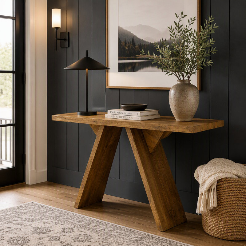 Console, table d'entrée étroite avec piètement en V, console rustique pour canapé, Bois naturel, Natural Wood, Natural Wood