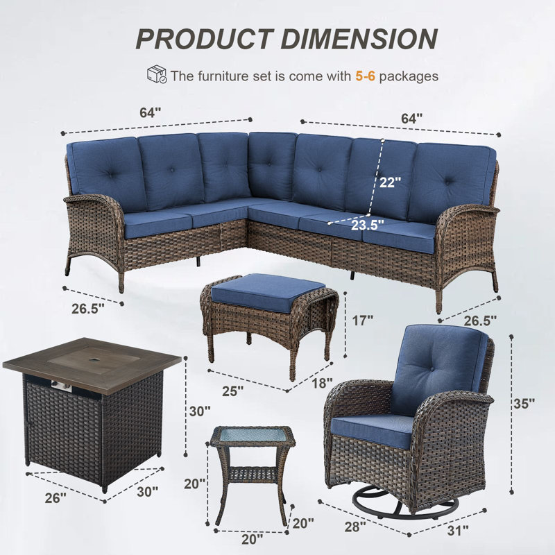  Ensemble de canapé modulaire d'extérieur en L avec foyer Valierius, chaises pivotantes et repose-pieds Valierius, Bleu