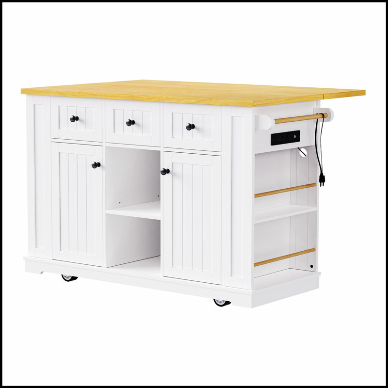 53-Inch Large Kitchen Island with Drop Leaf, Power Outlet, and Ample Storage, Perfect for Efficient Kitchen Organization and Mobility