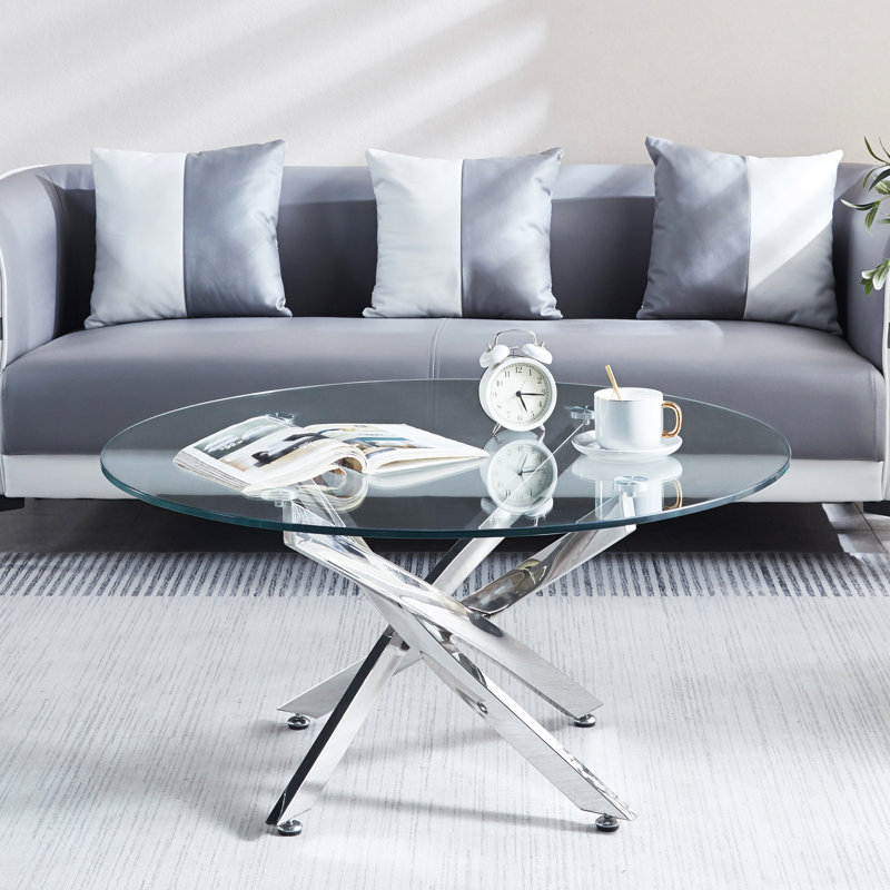 Table basse contemporaine contemporaine en verre trempé avec pieds en acier inoxydable, 35,05 po de hauteur, avec base élégante et 35,4 po de largeur