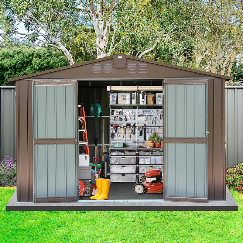 Remise de jardin 10 'x 8' en métal, double porte imperméable avec serrure ventilée brune pour l'extérieur en métal antirouille et verrouillable