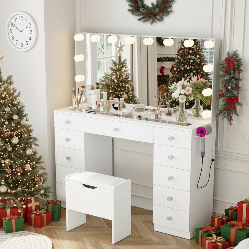 Coiffeuse Greyden avec 11 tiroirs et ampoules, tabouret de rangement et miroir grossissant 10X, Blanc