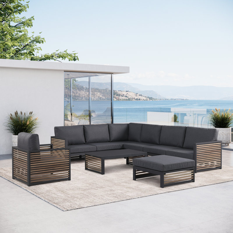 Minah Pawni Teak 6 - Person Outdoor Sectional Seating Group with Custom Covers, Left Hand Facing