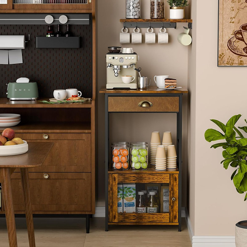 3-Tier Coffee Bar Station, Farmhouse Coffee Stand With Storage & 1-Door Cabinet For Kitchen, Entryway Or Living Room