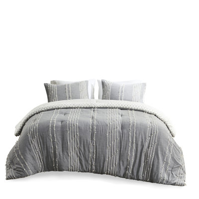 3 Piece Cotton Comforter Full/Queen In Gray. 100% Cotton. Colored Embroidered Stripes On Grey. Grey Reverse With Print. 2 Matching Shams. Machine Washable. Gray . Ground. Design. Hidden Bar Tacking.