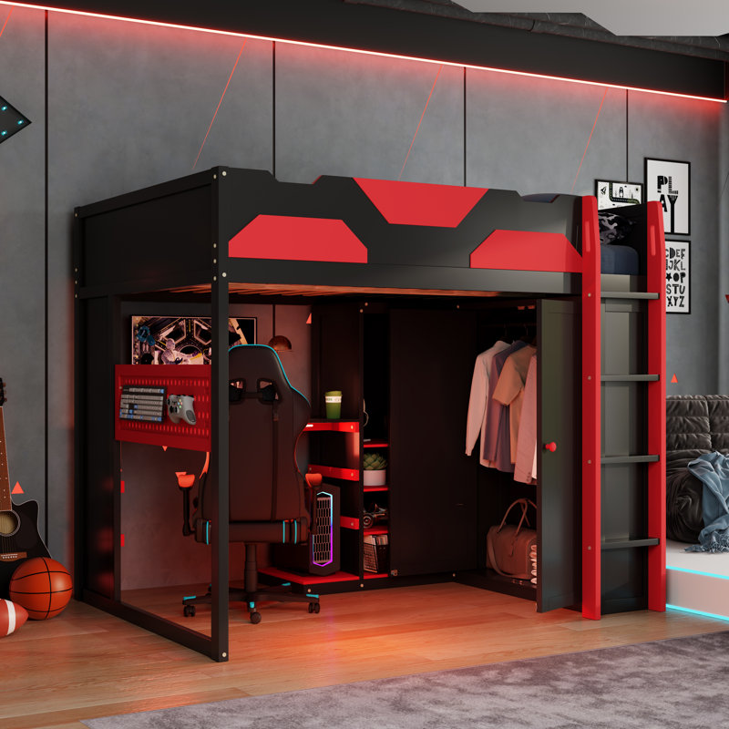Full Size Wood Loft Bed with Desk, Multi-storage Shelves,USB and RGB Light, Red, Red