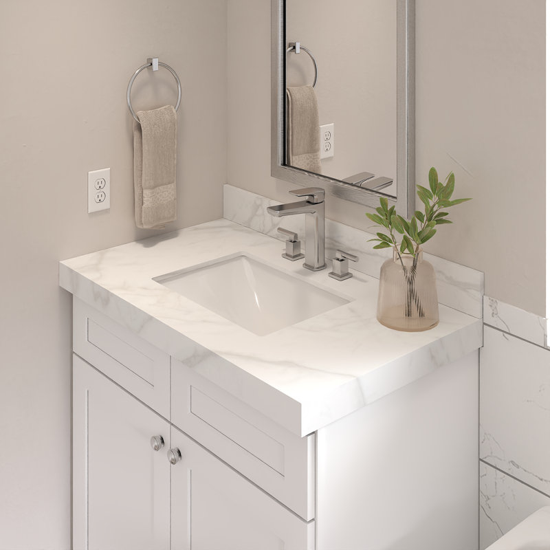 Vasque de salle de bain, 49 po L x 22 po P x 2,5 po H, en porcelaine, avec 3 trous prépercés pour robinetterie, blanc Carrara