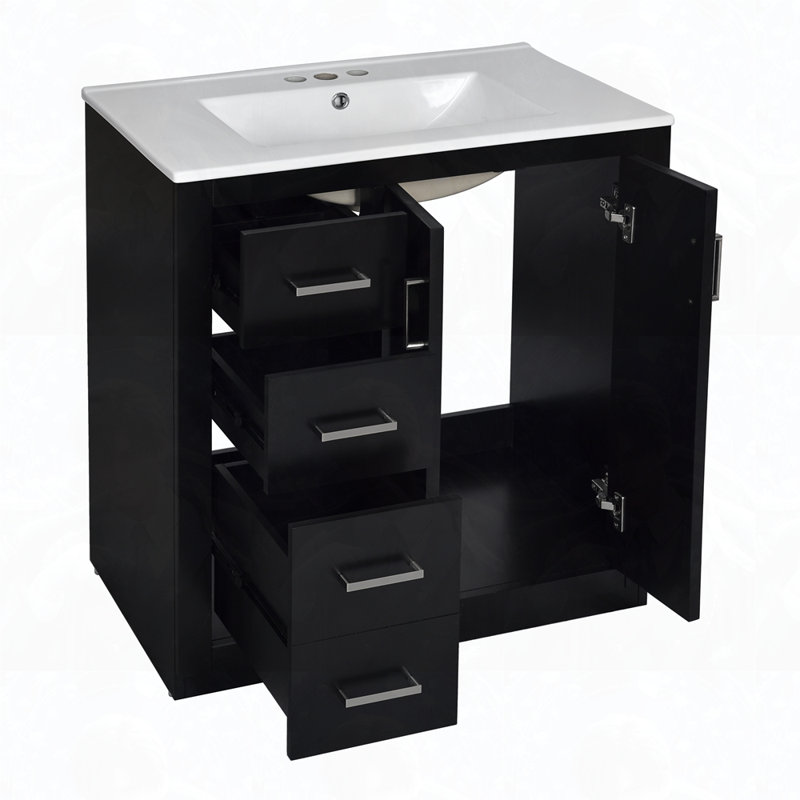Ensemble de meuble-lavabo autoportant avec 3 tiroirs et portes à fermeture douce, Noir, noir, noir, noir