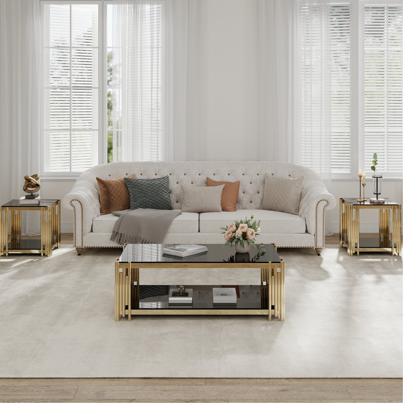 Table de bout carrée à la mode de 20 po avec verre noir et acier inoxydable doré pour le salon et la chambre à coucher