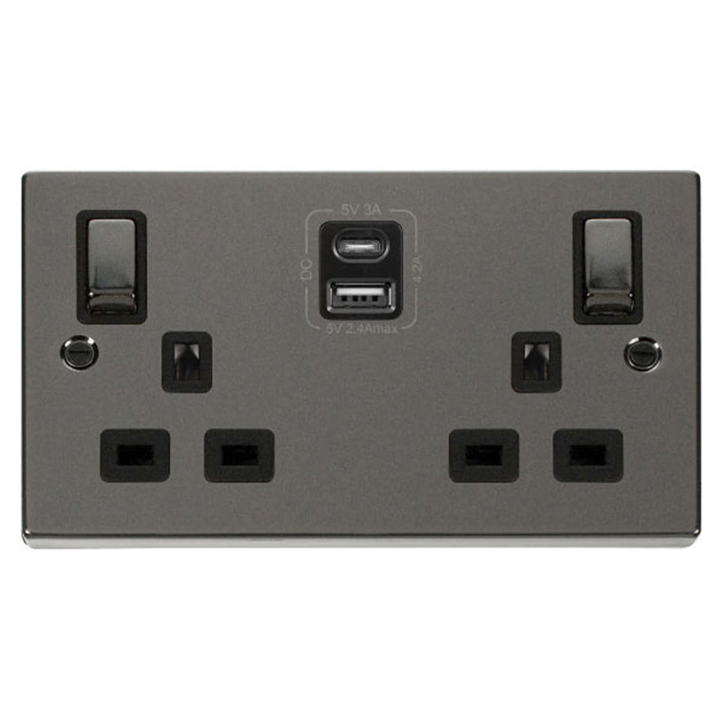 Black Nickel 2 Gang 13A DP Ingot Type A & C USB Twin Double Switched Plug Socket