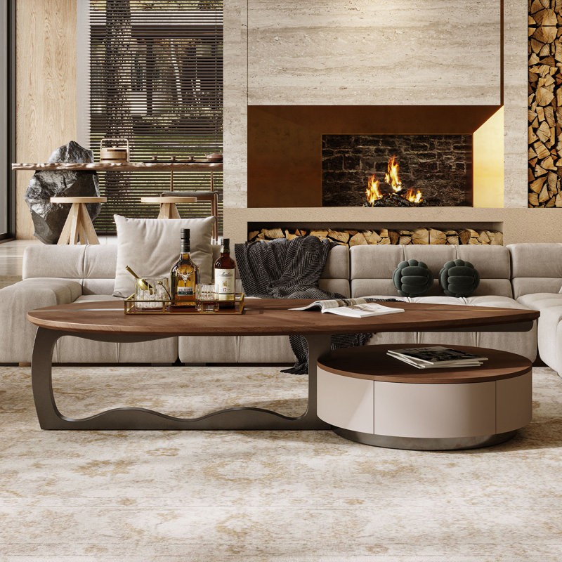 Jessamyn Mid-Century Modern Coffee Table with Abstract Leaf Shaped Walnut Wood Veneer Top and Metal Base for Living Room, Industrial Coffee Table with Vintage Classic Design Round Storage Compartment Include Two Storage Drawers