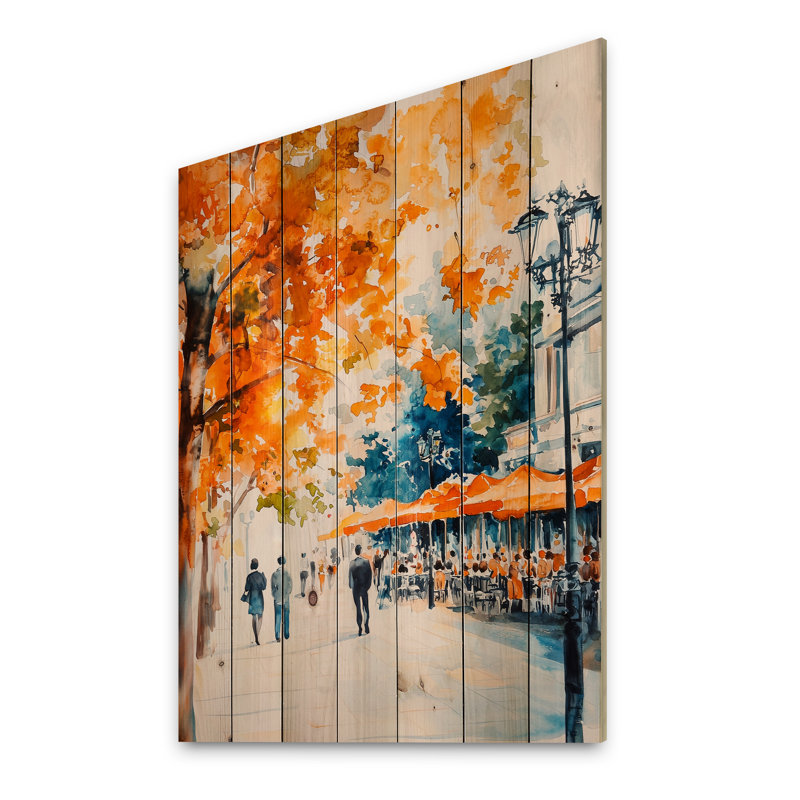 Automne à Paris, café I - art mural traditionnel en bois sur bois de pin naturel, H 20 po x l 10 po