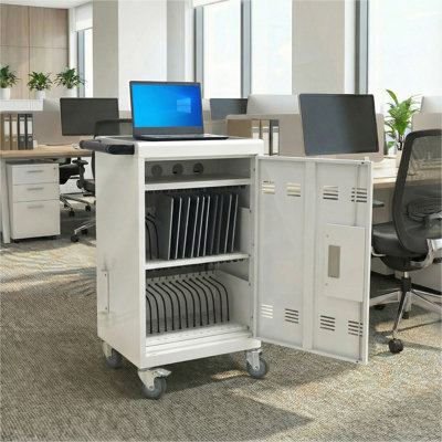 Chariot de charge mobile et armoire pour tablettes PC portable 30 appareils avec serrure à combinaison (blanc)