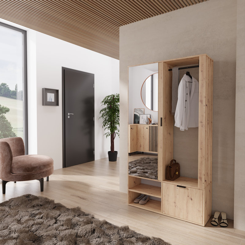 Entrance Wardrobe MELO Hall Tree 100cm Wide with Shoe Storage, Brown