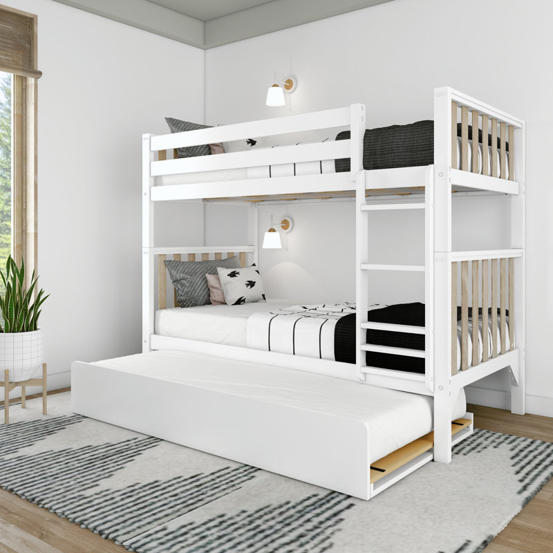 Brubaker Single Over Double Solid Wood Bunk Bed with Trundle Bed, Twin over Twin, Blanc / brun