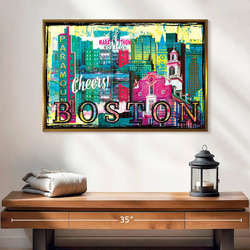 Repères grunge de Boston City, Cadre flottant doré, 25 po x 17 po