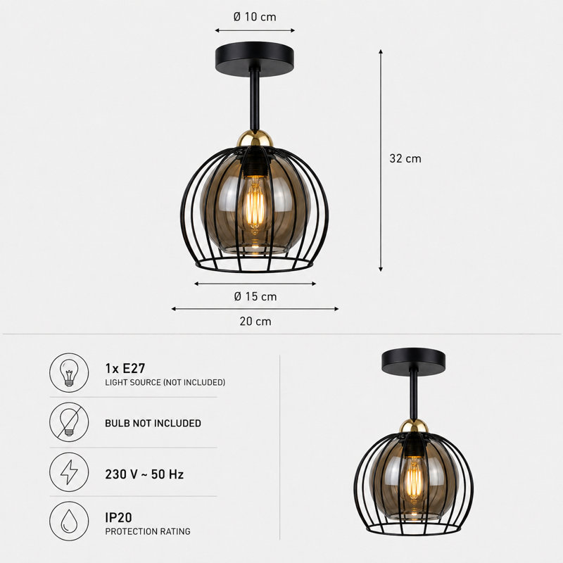 Glass Semi Flush Mount, Matt Black/Gold, 20cm W x 20cm D, 1 Light