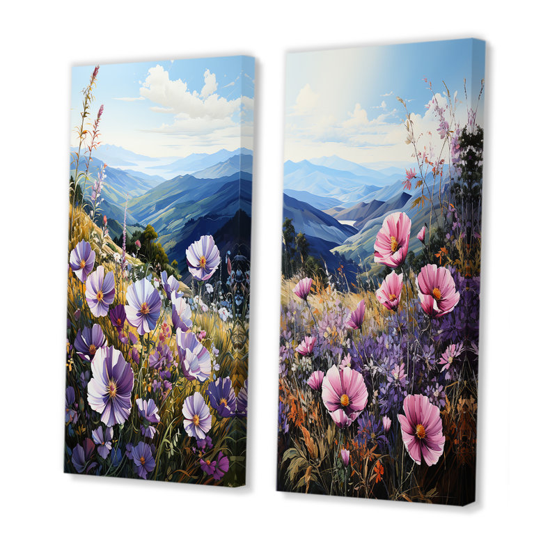 Fleurs mauves Morning Glory Hill - ensemble de 2 décorations murales paysage floral, Toile tendue, H 40 po x l 41 po