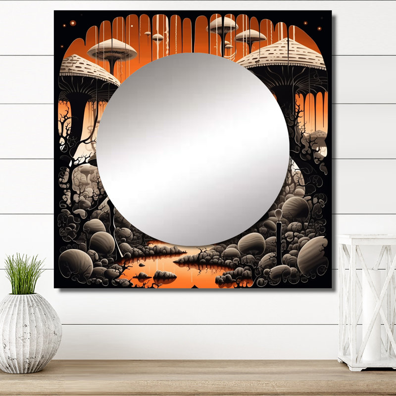 Illustration magique de la forêt enchantée - champignon grand miroir mural pour décoration murale, 23 po x 23 po