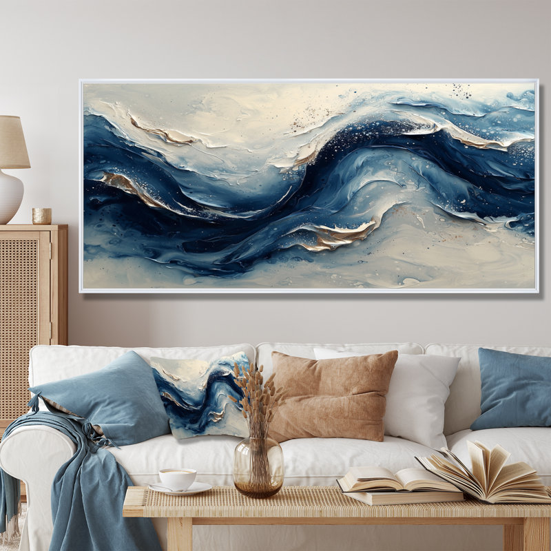 Encre bleue et grise, vagues de la rivière - peinture abstraite, art mural, H 28 po x l 60 po, Cadre flottant, Blanc