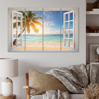 Vue tropicale de l'océan par une fenêtre blanche ouverte sur toile 4 pièces