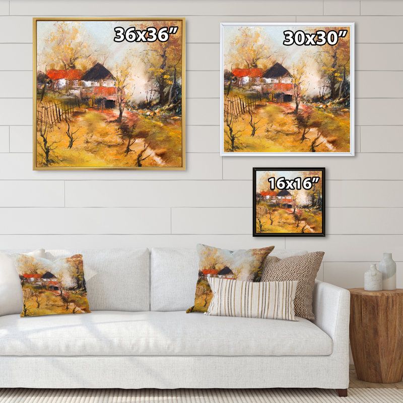 Paysage d'automne avec ferme - décoration murale en toile de ferme, H 36 po x l 36 po x P 1,5 po, Cadre flottant noir
