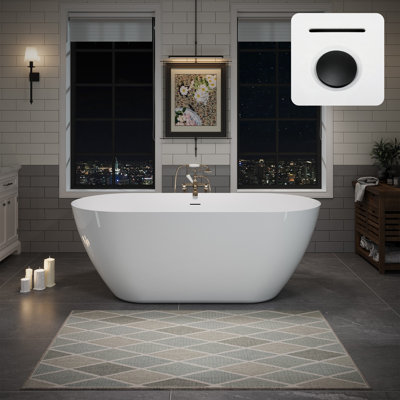  60" x 28.74" Acrylic Freestanding Bathtub, Oval Deep Soaking Bathtub with Matte Black Pop-up Drain & Integrated Overflow for Bathroom Spa