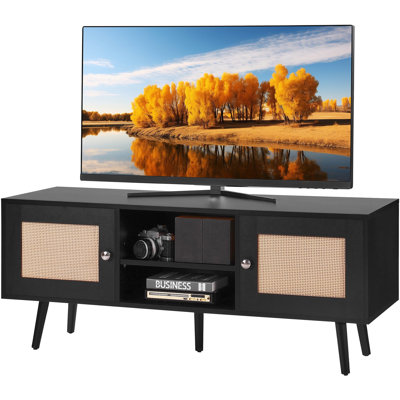 Rattan TV Stand, Boho TV Cabinet for 55 inch TV, Mid Century Modern TV Stand, Rattan TV Console with Adjustable Shelfs for Living Room, Media Room, Black