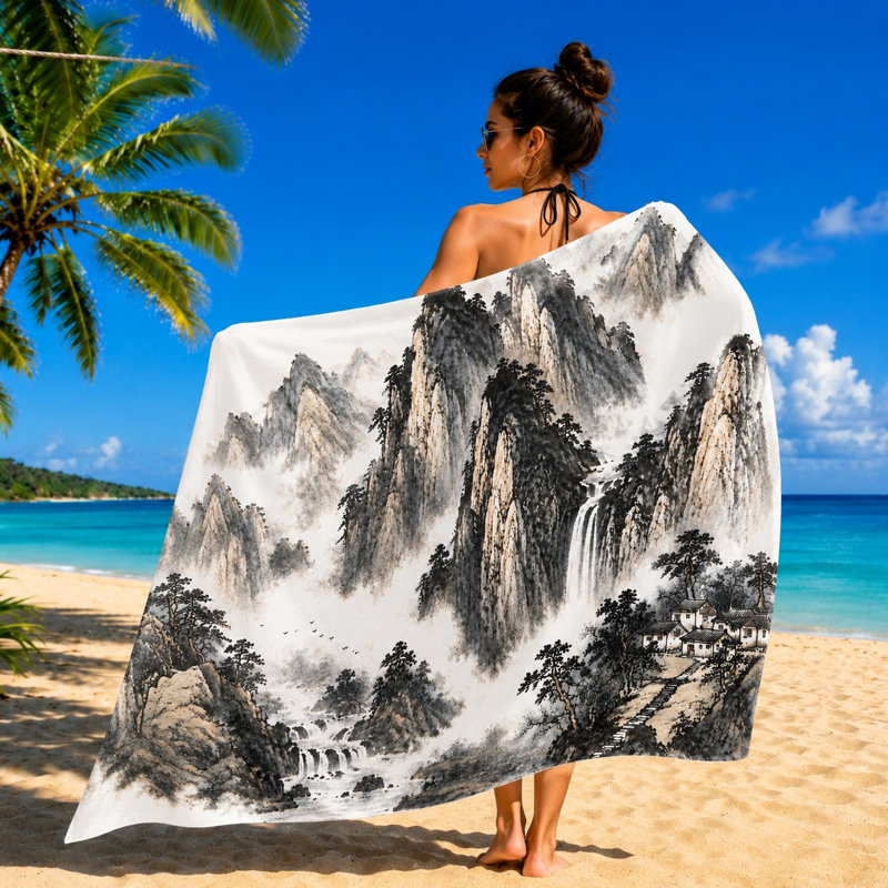 1Pcs chinois paysage montagne cascade peinture serviette de plage, style traditionnel à l'encre, microfibre absorbante pour voyage, natation, unisexe