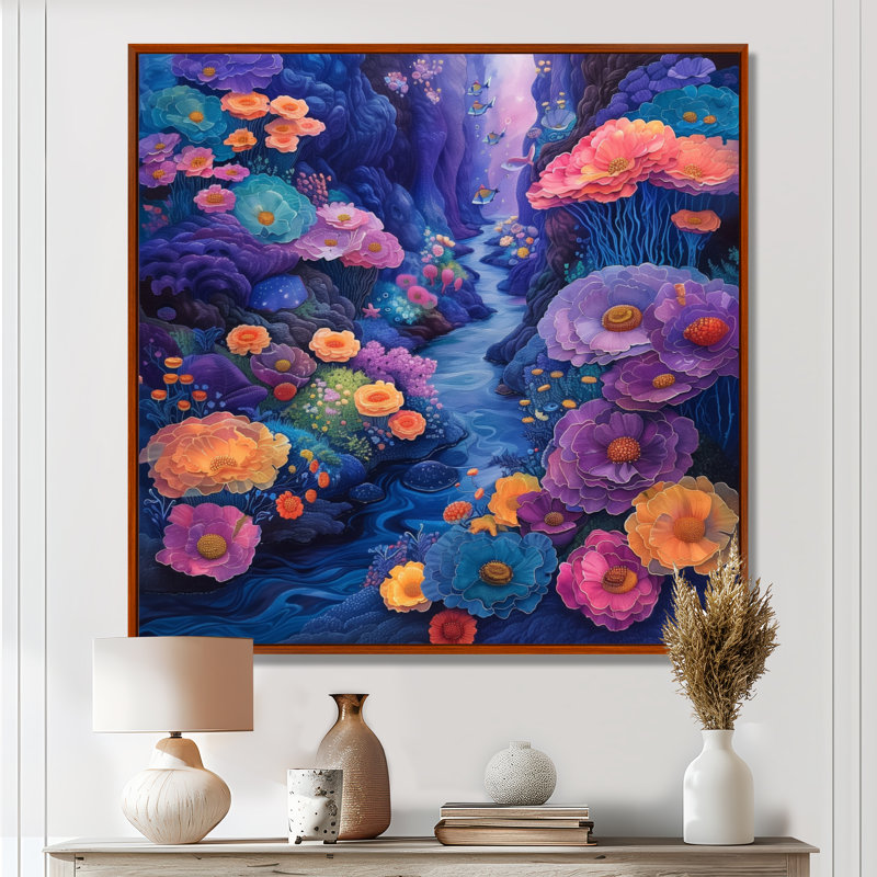«Blue Coral Sea Floor Symphony III», impression d'art mural corail, H 16 po x l 16 po, Encadrement argenté