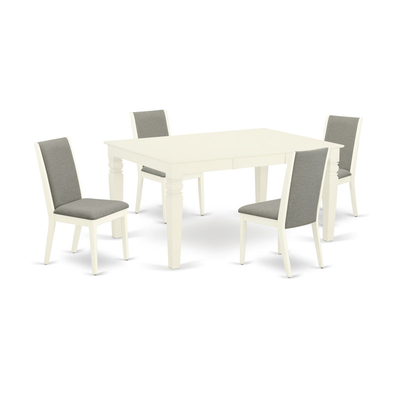 Ensemble de salle à manger 5 pièces comprenant une table de salle à manger rectangulaire avec rallonge papillon et 4 chaises rembourrées en lin Shitake, blanc lin