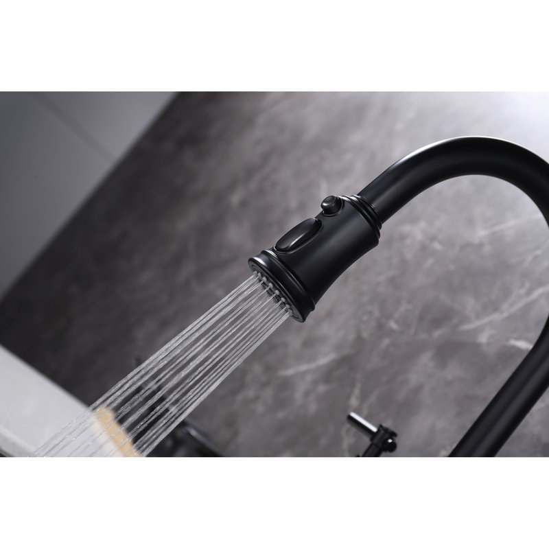 Robinet rétractable de cuisine noir mat - deux poignées pour une régulation exacte du débit, buse rotative à 360 degrés, robinet de pont en laiton de qualité avec douchette précise et réglage de la température, bec haut rotatif à 360 °,