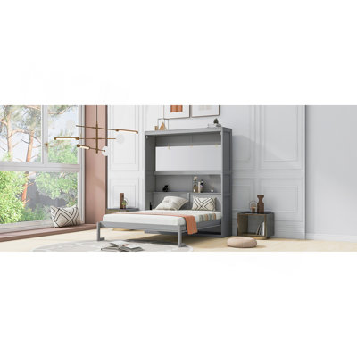 Grand lit escamotable mural avec tablettes, gris
