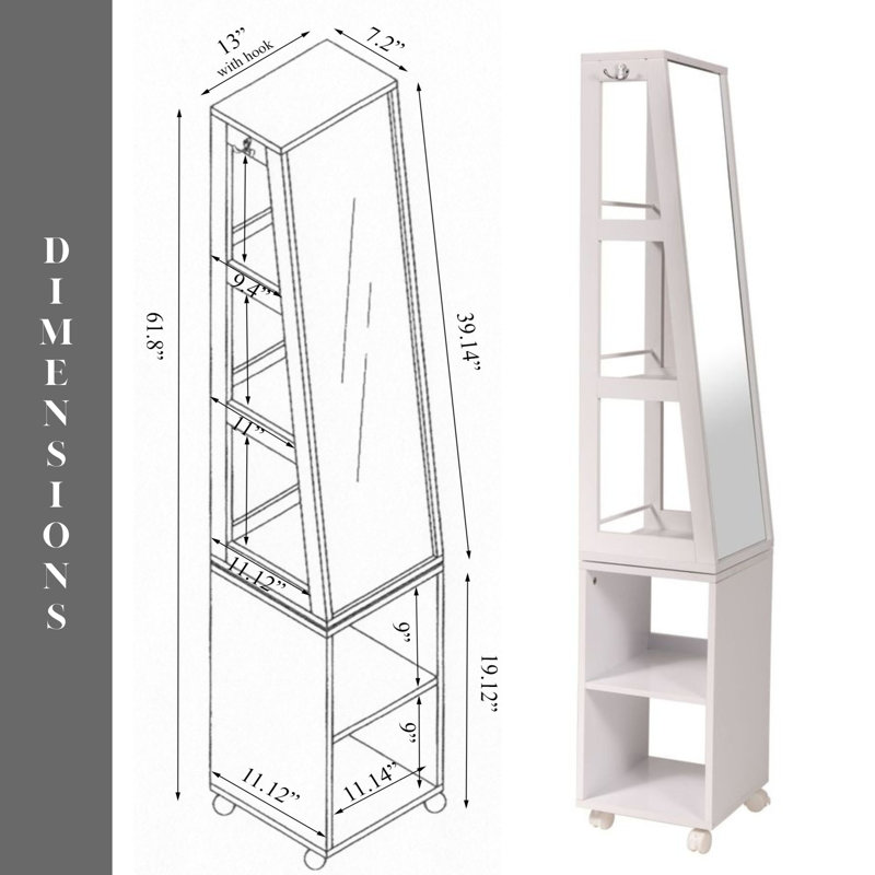 Miami Rotating Mirror Cabinet with Shelving, Rolling Base and Towel Hook