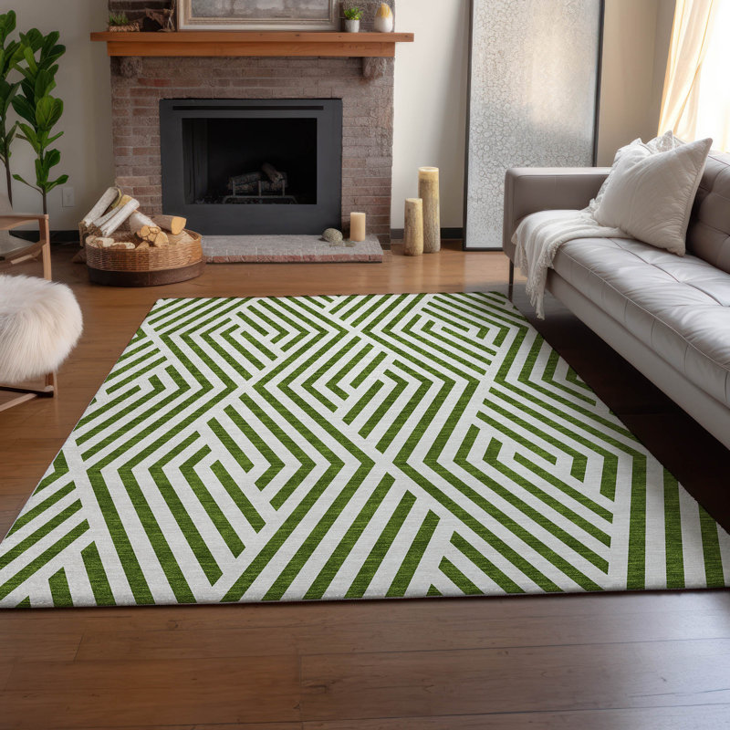 Premium Machine Washable Cerrito AMF550 Olive Rug, Rectangle 3' x 5'