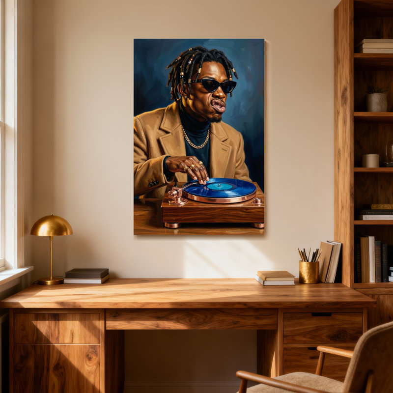 Homme à la mode avec des dreads jouant du disque vinyle, H 18 po x l 12 po