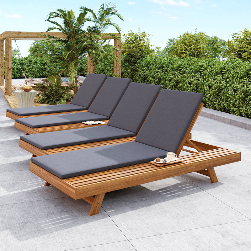 Lounge Chaise Set,Space Available On One Side, Acacia Wood With Water-Resistant Lounge Cushions (4 Inch Thick) - Matching Cream Version Available