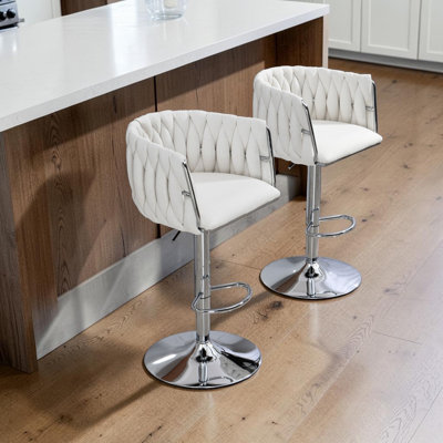 Tabourets de bar pivotants avec housse en tissu 360 ° Zager, hauteur réglable, chaises de bar chromées argentées avec dossier et repose-pieds tissés