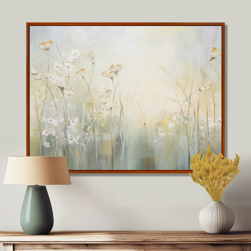 «Green Beige Serene Meadows I», reproduction d'art sur toile, H 30 po x l 40 po x P 1,5 po, Cadre flottant brun
