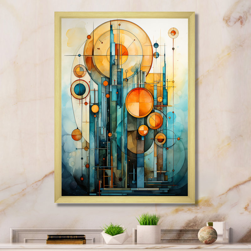 Céleste géométrie bâtiment - Collages abstraits, impressions sur toile_106455, Encadrement doré, H 32 po x l 16 po x P 1 po