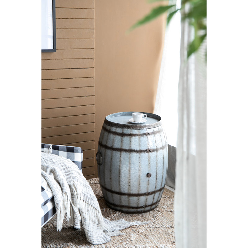 Galvanized Gray Drum Table With Rustic Brown Banding And Rivets, 22.5X22.5X26 Inches, Removable Lid As Storage Tray, Suitable For Shabby - Chic Decor Inches Side Spacious Lid, Finish Accents, Ideal