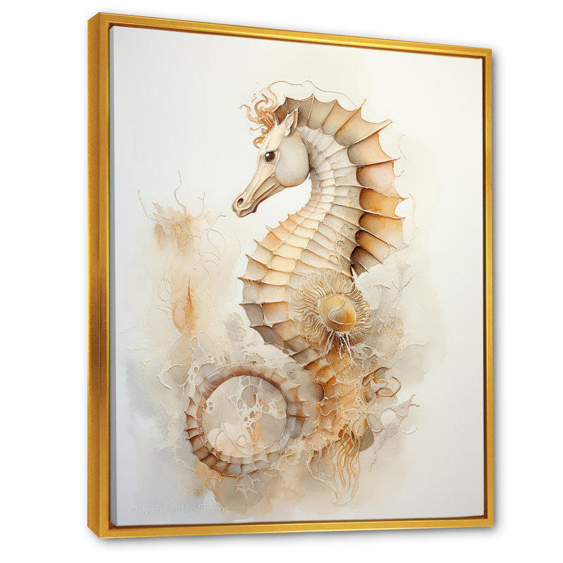 Hippocampe magique beige II sur toile, Cadre flottant doré, H 32 po x l 24 po x P 1 po