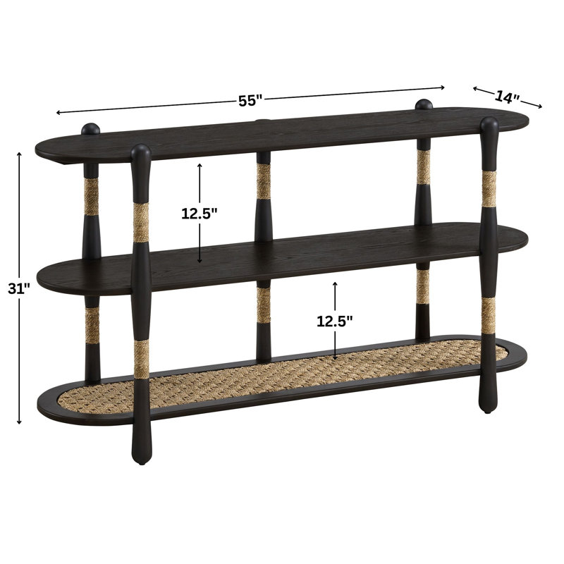 Arnkell Oval Wood Sofa Console Table With Seagrass Shelves, Smoked Oak