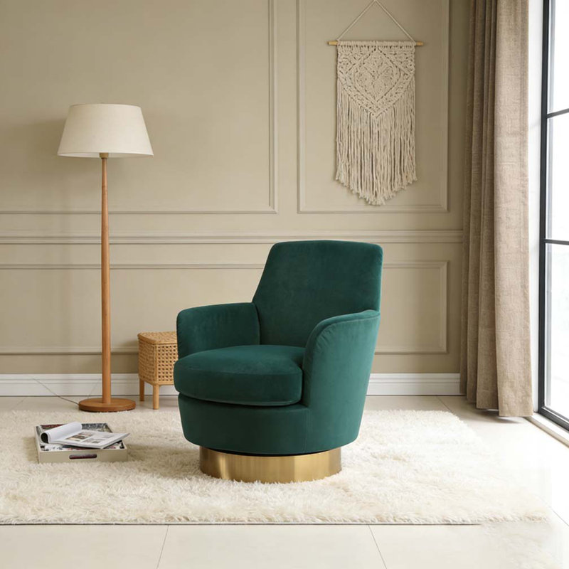Fauteuil demi-tonneau pivotant en velours, fauteuil d'appoint pivotant, Velours émeraude
