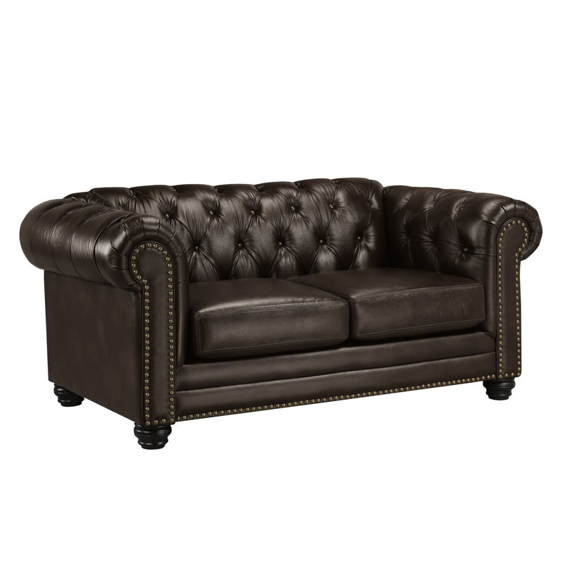 Ornellas 70" Leather Rolled Arm Chesterfield Loveseat, Espresso Leather Match