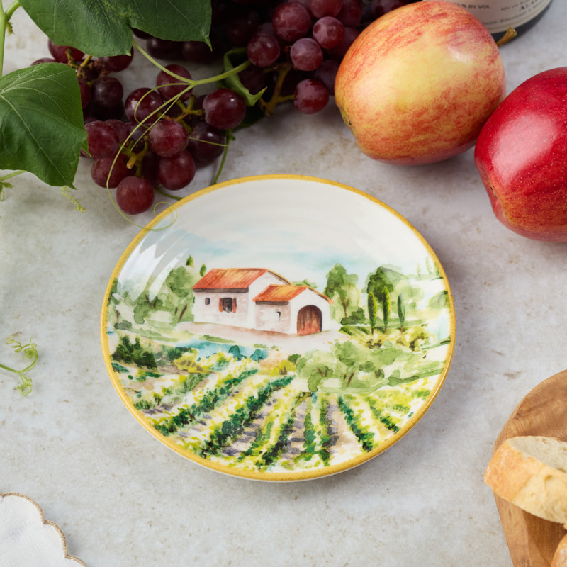 Ensemble de 4 assiettes canapées Tuscany - 6 assiettes en grès avec imprimé vignoble toscan - Assiettes à dessert ou à pain élégantes pour le divertissement et l'utilisation quotidienne