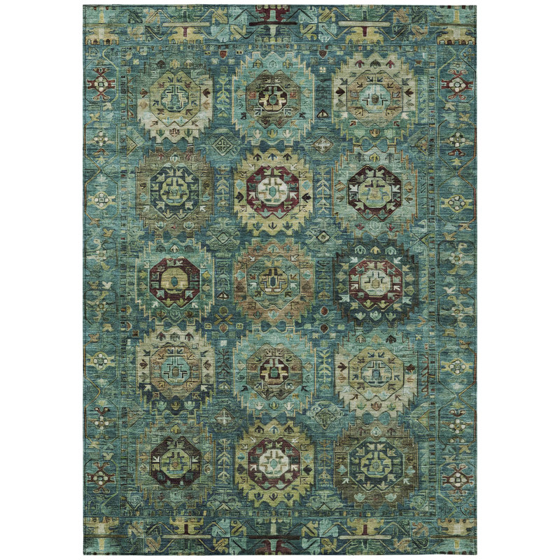 Machine Washable Indoor/Outdoor Xhevrie Teal Rug, Rectangle 3' x 5'