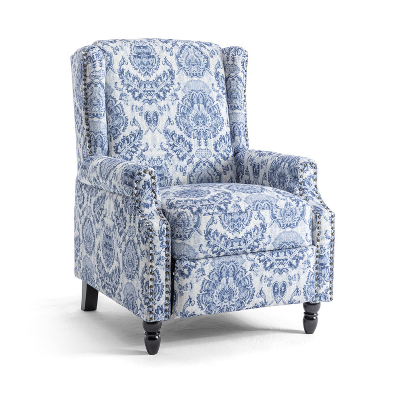 Ameiah 74 cm W Upholstered Wing Back Manual Push Back Recliner with Naihead Trims, Navy Polyester